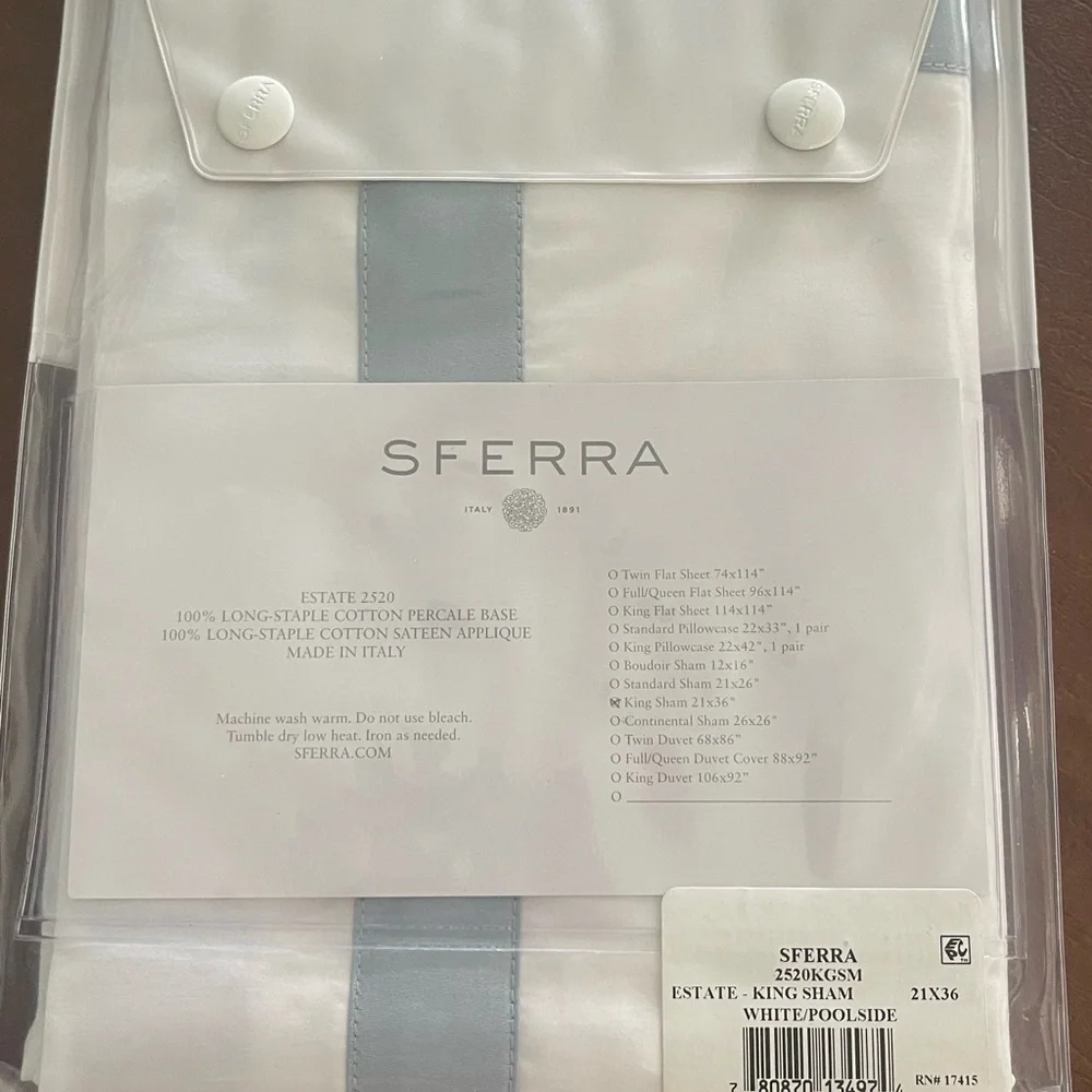 SFERRA Estate Euro King sham White Pillow Cover with Pale Blue Trim